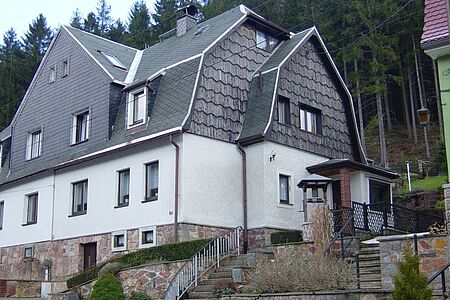 Mehrfamilienhaus am Berg mit Mansarddach vor der Fassadensanierung
