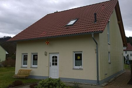 Hellgelbes Einfamilienhaus mit Grünspan auf der Fassade 