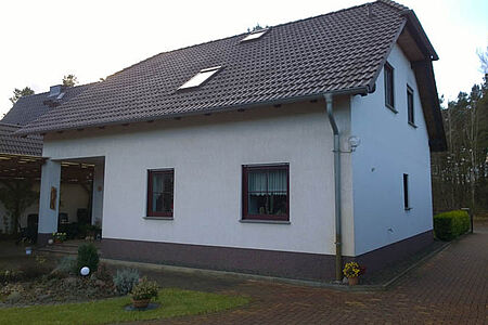 Einfamilienhaus mit fleckiger Fassade in Hellblau 