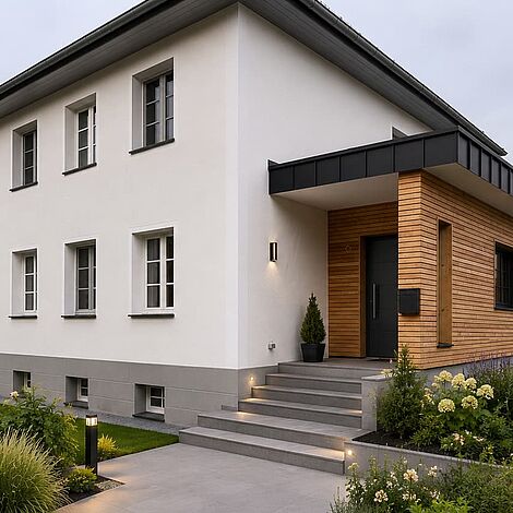 modernes weiß gestrichenes Haus mit angesetztem Eingangsbereich