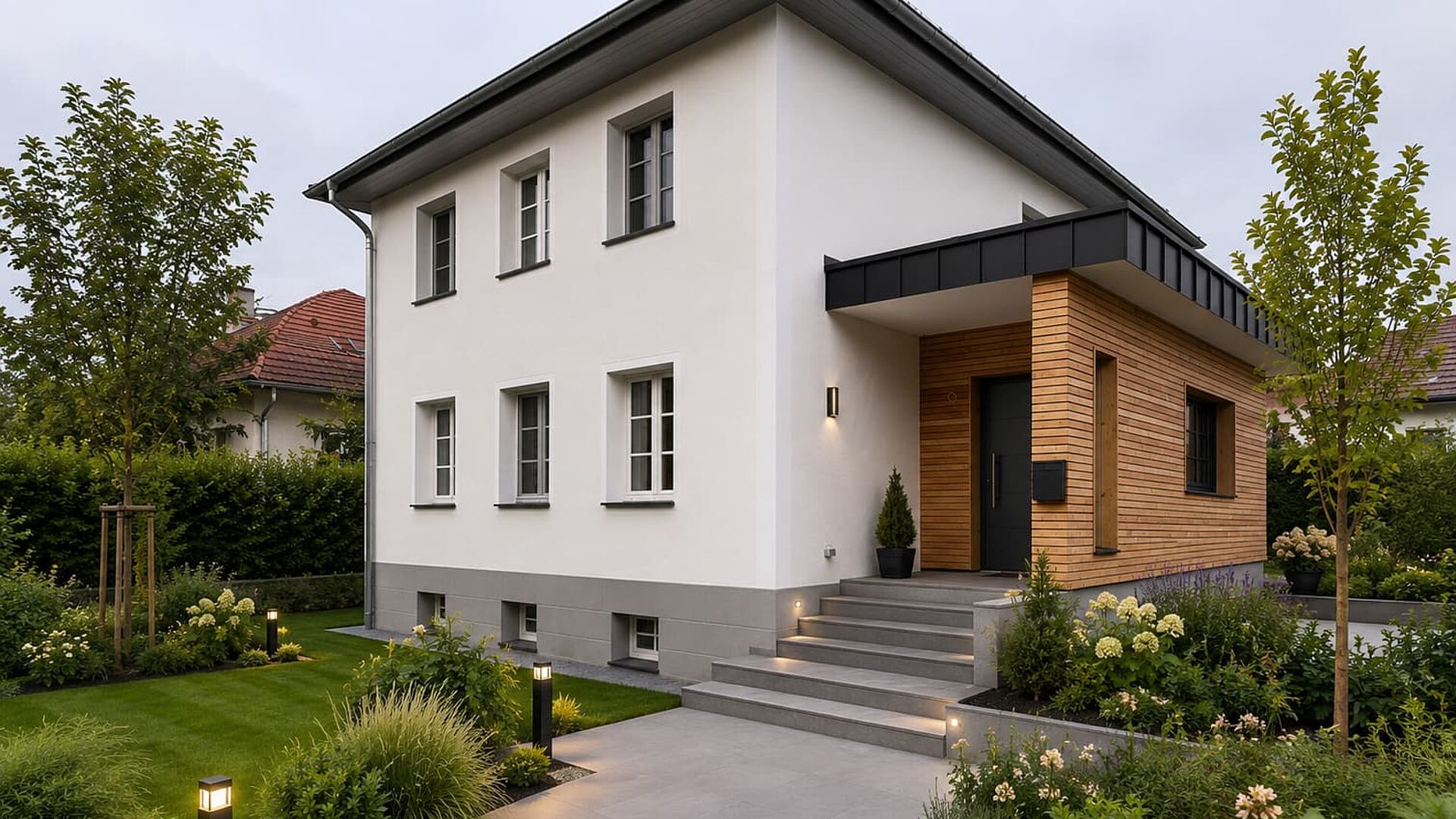 modernes weiß gestrichenes Haus mit angesetztem Eingangsbereich