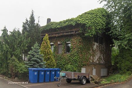 Mit Pflanzen bewachsenes Wohnhaus vor der energetischen Sanierung