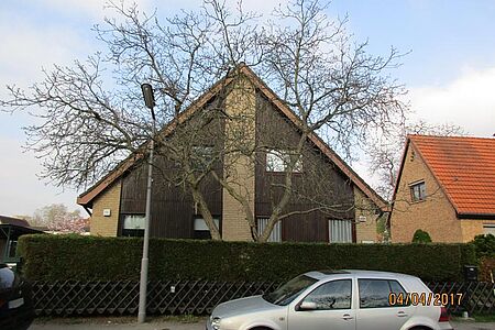 Einfamilienhaus im Grünen mit Vertäfelung in dunklem Braun und ockerfarbenem Anstrich