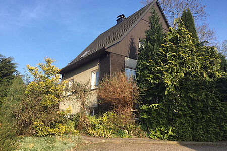 Beiges Wohnhaus mit vertäfelten Fassadenelementen und dichtem, umgebendem Wildwuchs