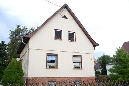 Freistehendes Einfamilienhaus mit weißer Fassade und kleinen Bäumen im Garten