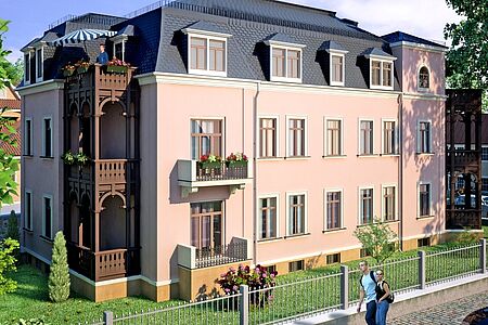 3D-Entwurf eines sanierten Wohnhauses mit Holzbalkonen