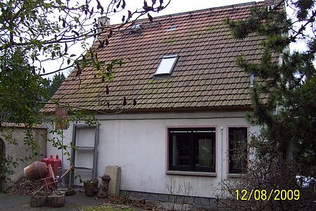 Kleines, weißes Haus im Grünen vor der Sanierung