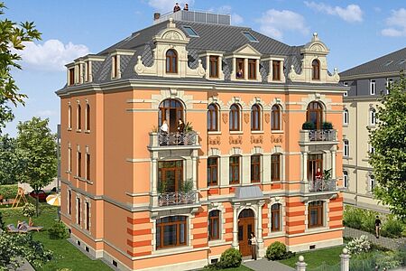 3D-Entwurf eines sanierten Altbaus mit orangener Fassade