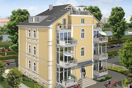 3D-Entwurf eines neuen Mehrfamilienhaus im Biedermeier-Stil