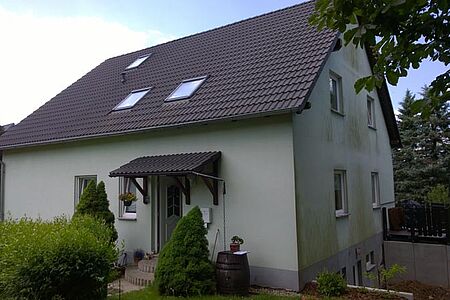 Hellblaues Einfamilienhaus mit schmutziger Fassade