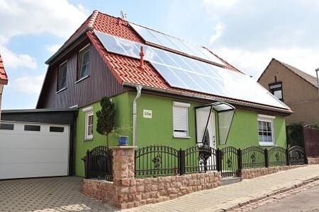 Grasgrünes Einfamilienhaus mit Spezialputzfassade
