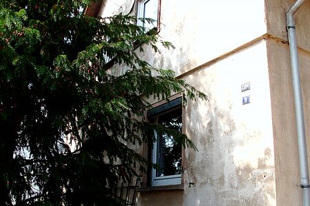 Nahansicht von dunklen Fassadenschäden an weißer Hauswand