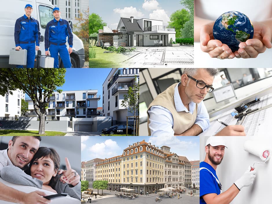 Collage mit einzelnen Schritten während Hausbau und Sanierung